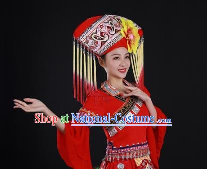 Chinese Ethnic Festival Garment Clothing Traditional Zhuang Nationality Red Suits Guangxi Minority Wedding Dress and Headwear