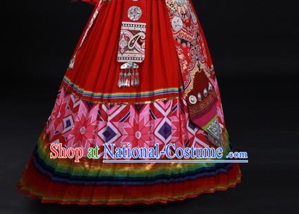 Chinese Ethnic Festival Garment Clothing Traditional Zhuang Nationality Red Suits Guangxi Minority Wedding Dress and Headwear