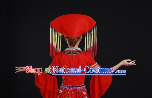 Chinese Ethnic Festival Garment Clothing Traditional Zhuang Nationality Red Suits Guangxi Minority Wedding Dress and Headwear