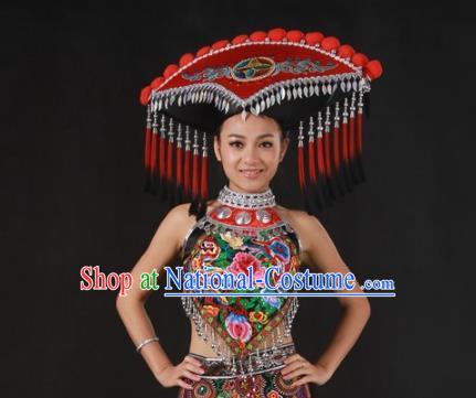 Chinese Guangxi Minority Dress Ethnic Dance Garment Clothing Traditional Zhuang Nationality Performance Suits and Tassel Hat