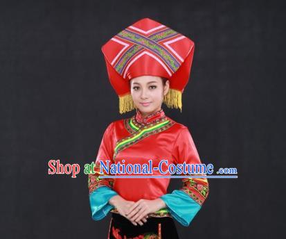 Chinese Traditional Zhuang Nationality Performance Suits Guangxi Minority Dance Dress Ethnic Garment Clothing and Hat