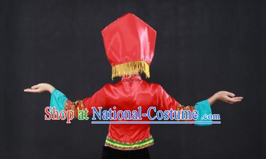 Chinese Traditional Zhuang Nationality Performance Suits Guangxi Minority Dance Dress Ethnic Garment Clothing and Hat