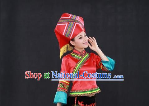 Chinese Traditional Zhuang Nationality Performance Suits Guangxi Minority Dance Dress Ethnic Garment Clothing and Hat