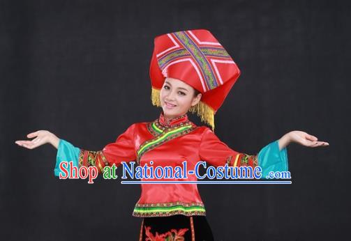 Chinese Traditional Zhuang Nationality Performance Suits Guangxi Minority Dance Dress Ethnic Garment Clothing and Hat