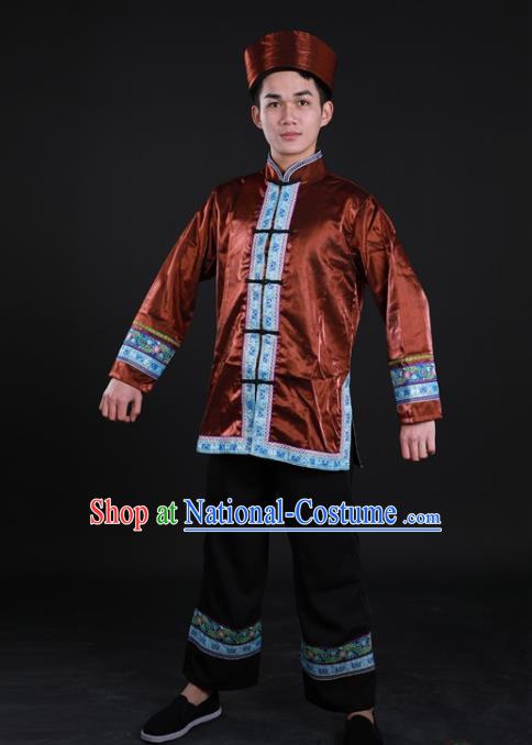 Chinese Traditional Miao Ethnic Male Brown Suits Clothing Hmong Nationality Folk Dance Shirt and Pants