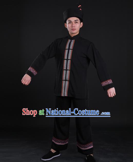 Chinese Hmong Nationality Folk Dance Shirt and Pants Traditional Miao Ethnic Male Black Suits Clothing