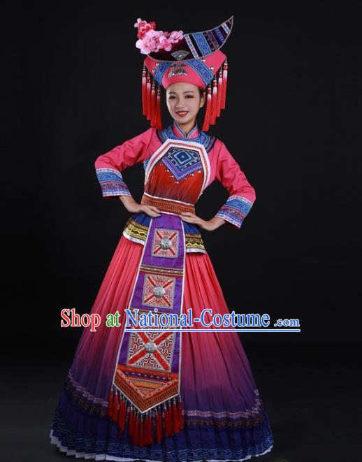 Chinese Traditional Zhuang Nationality Bride Suits Guangxi Minority Dance Pink Dress Ethnic Wedding Garment Clothing and Moon Hat