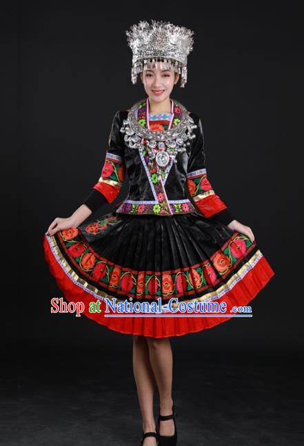 Chinese Ethnic Dance Garment Clothing Traditional Miao Nationality Black Suits Xiangxi Minority Performance Short Dress and Silver Hat