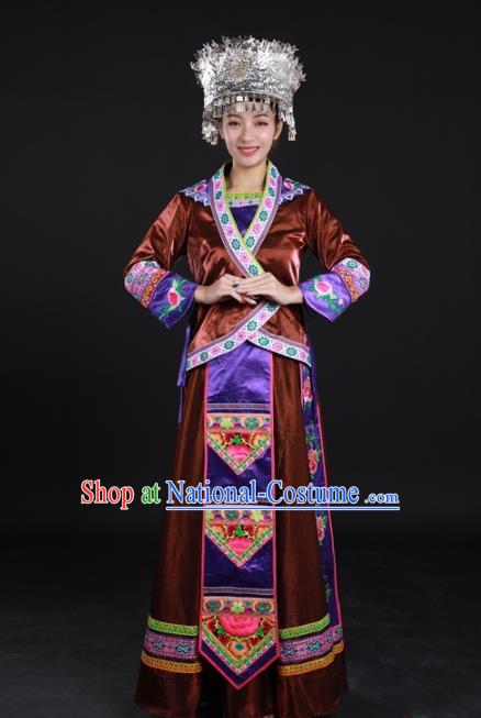 Chinese Xiangxi Minority Performance Brown Dress Ethnic Dance Garment Clothing Traditional Miao Nationality Suits and Silver Headdress