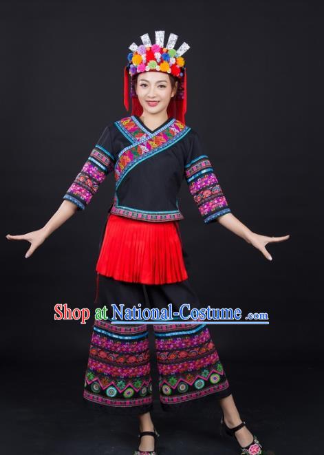 Chinese Xiangxi Minority Performance Black Suits Ethnic Folk Dance Clothing Traditional Yao Nationality Female Garments and Hat