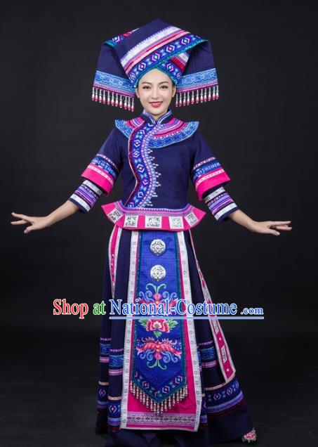 Chinese Traditional Zhuang Nationality Female Garments Guangxi Minority Wedding Navy Dress Ethnic Dance Performance Clothing and Headdress