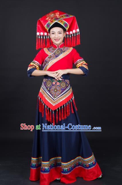 Chinese Guangxi Minority Bride Dress Traditional Ethnic Dance Performance Clothing Zhuang Nationality Garments and Headwear