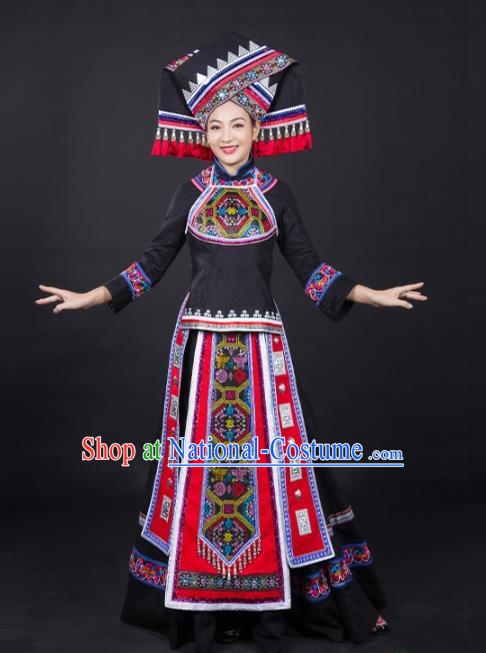 Chinese Zhuang Nationality Dance Garments Guangxi Minority Stage Performance Black Dress Traditional Ethnic Clothing and Headwear