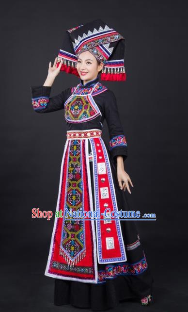 Chinese Zhuang Nationality Dance Garments Guangxi Minority Stage Performance Black Dress Traditional Ethnic Clothing and Headwear