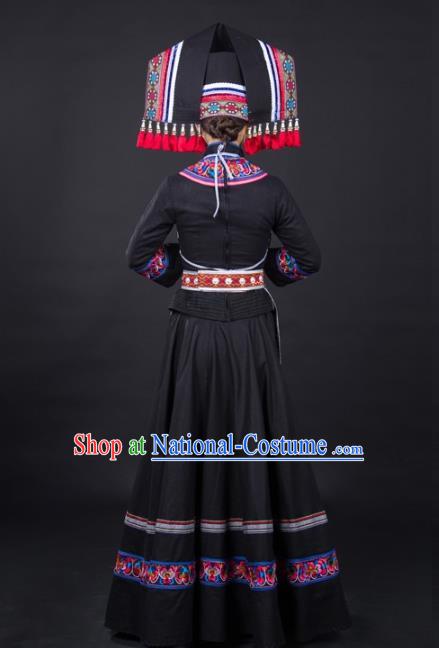 Chinese Zhuang Nationality Dance Garments Guangxi Minority Stage Performance Black Dress Traditional Ethnic Clothing and Headwear