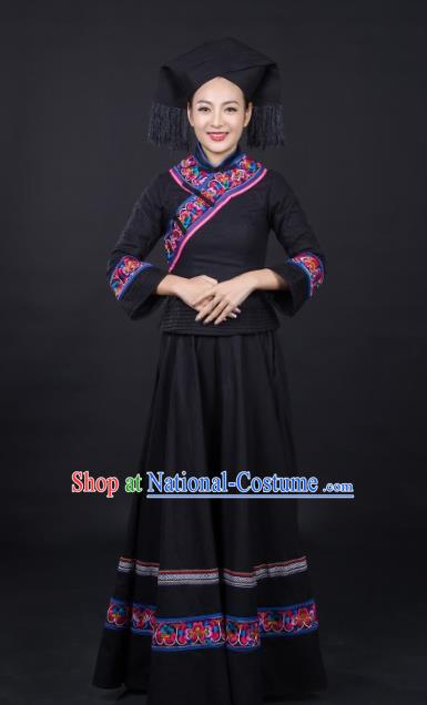 Chinese Traditional Ethnic Clothing Zhuang Nationality Female Garments Guangxi Minority Folk Dance Black Dress and Hat