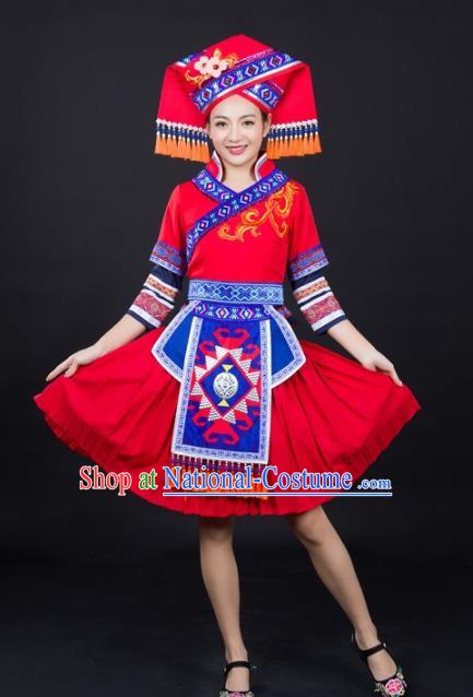 Chinese Guangxi Minority Folk Dance Red Short Dress Traditional Ethnic Clothing Zhuang Nationality Female Garments and Hat