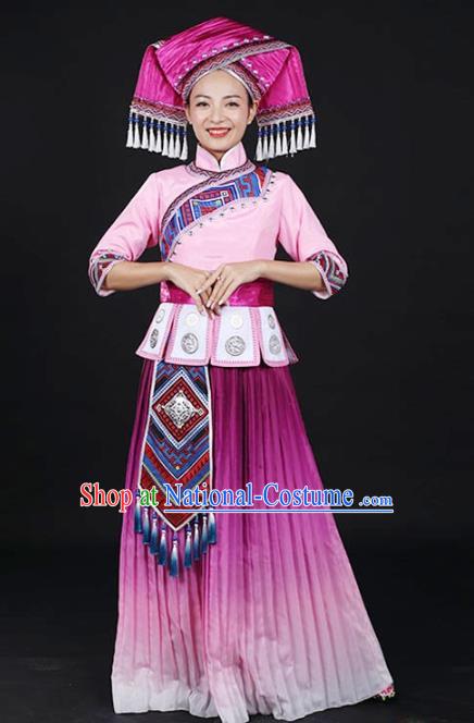 Chinese Zhuang Nationality Performance Garments Guangxi Minority Lilac Dress Traditional Ethnic Dance Clothing and Headdress