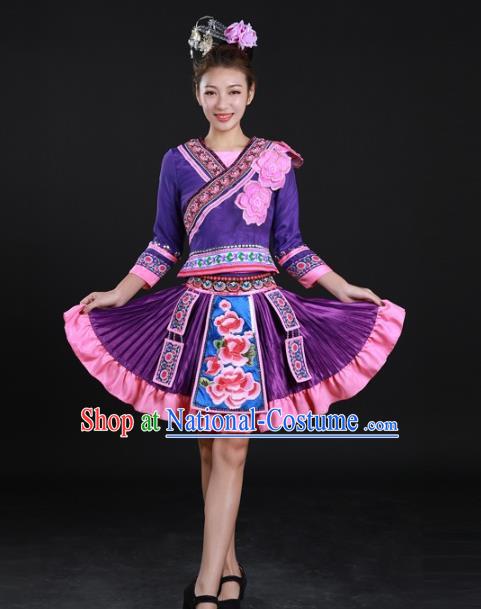 Chinese Traditional Miao Nationality Dance Purple Suits Xiangxi Minority Dress Ethnic Performance Garment Clothing and Headpieces