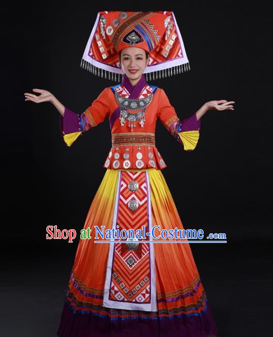 Chinese Ethnic Performance Clothing Traditional Zhuang Nationality Dance Garments Minority Wedding Orange Dress and Headdress