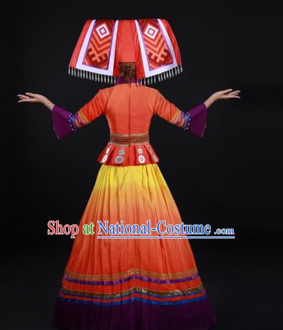 Chinese Ethnic Performance Clothing Traditional Miao Nationality Dance Garments Xiangxi Minority Orange Dress and Headdress