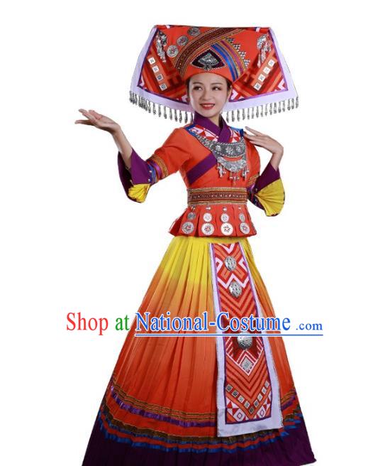 Chinese Ethnic Performance Clothing Traditional Miao Nationality Dance Garments Xiangxi Minority Orange Dress and Headdress