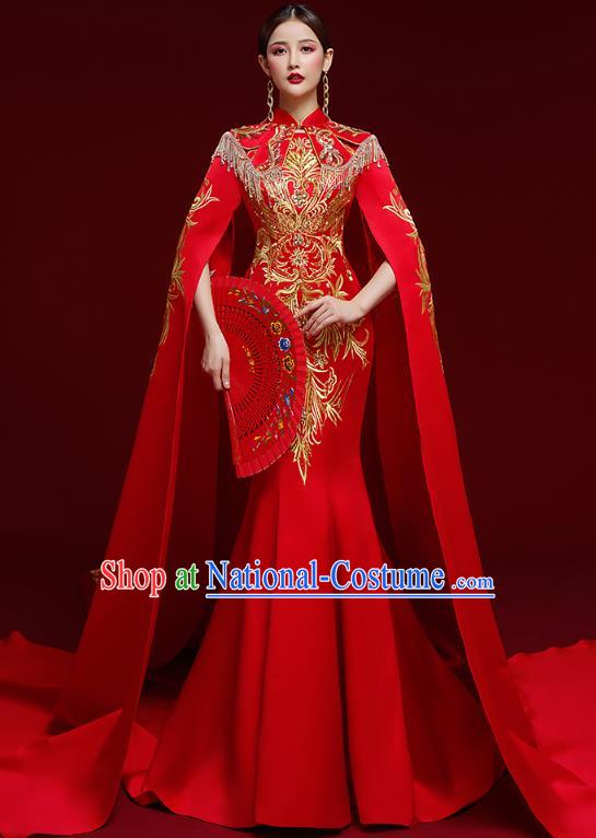 China Stage Show Clothing Catwalks Garment Compere Embroidered Red Full Dress