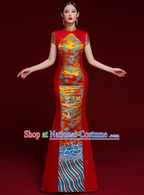 China Catwalks Classical Dragon Pattern Brocade Cheongsam Garment Wedding Red Fishtail Full Dress Stage Show Clothing