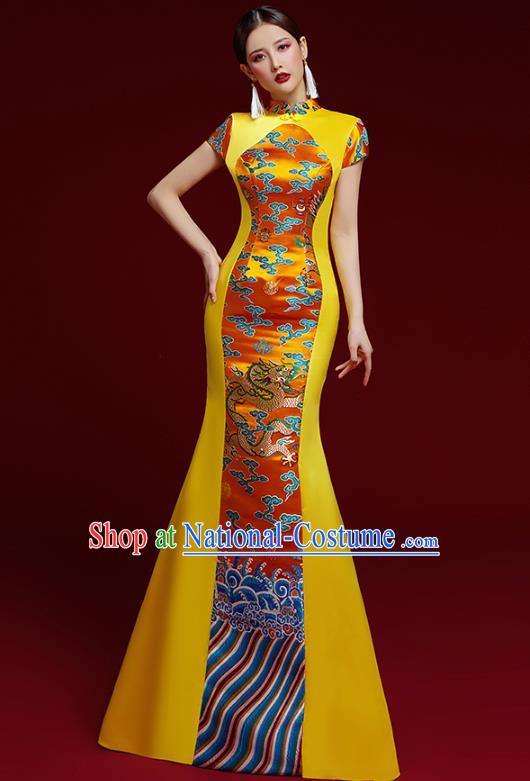 China Stage Show Clothing Catwalks Classical Dragon Pattern Brocade Cheongsam Garment Wedding Golden Fishtail Full Dress