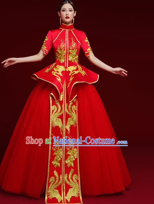 China Wedding Red Brocade Full Dress Stage Show Clothing Catwalks Compere Cheongsam Garment