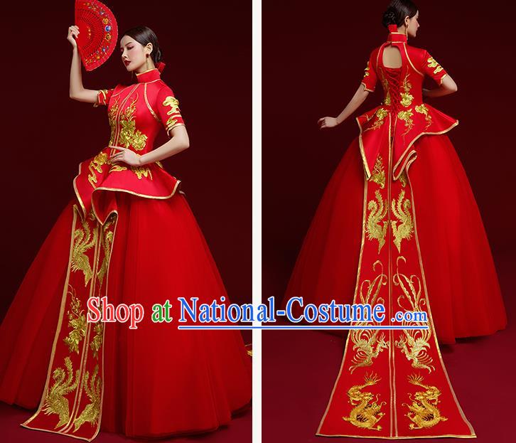 China Wedding Red Brocade Full Dress Stage Show Clothing Catwalks Compere Cheongsam Garment