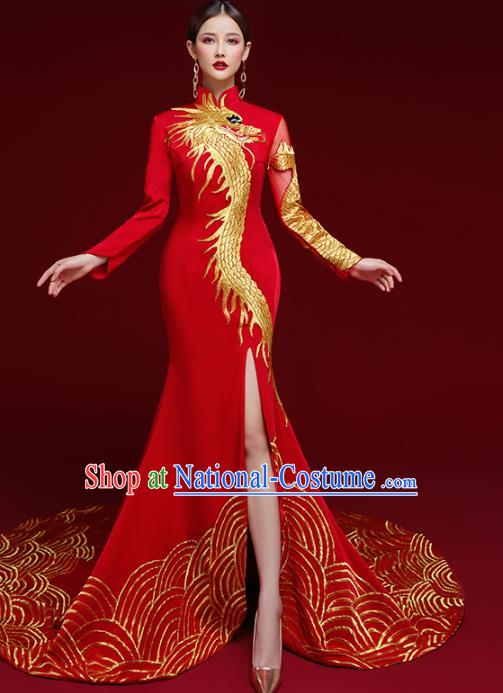 China Catwalks Compere Embroidered Dragon Cheongsam Garment Wedding Red Brocade Trailing Full Dress Stage Show Clothing