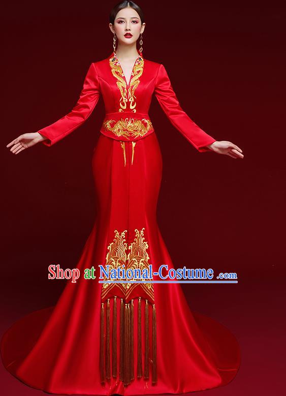 China Stage Show Clothing Catwalks Compere Embroidered Garment Wedding Red Brocade Fishtail Full Dress