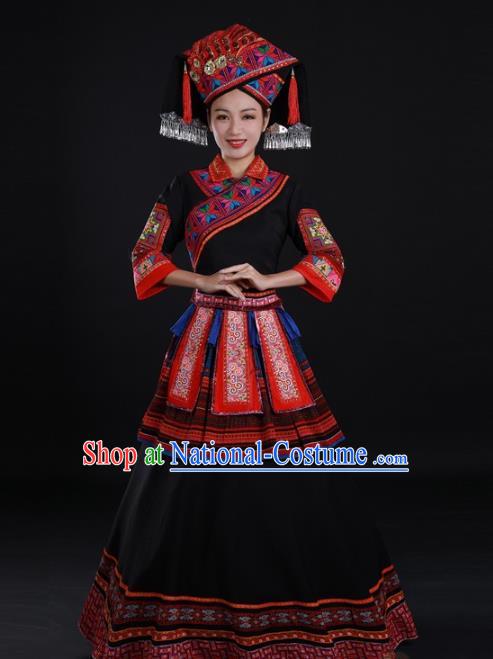 Chinese Guangxi Minority Black Dress Ethnic Performance Clothing Traditional Zhuang Nationality Dance Garments and Hat