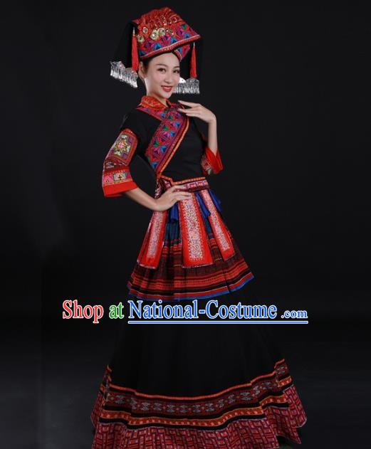 Chinese Guangxi Minority Black Dress Ethnic Performance Clothing Traditional Zhuang Nationality Dance Garments and Hat