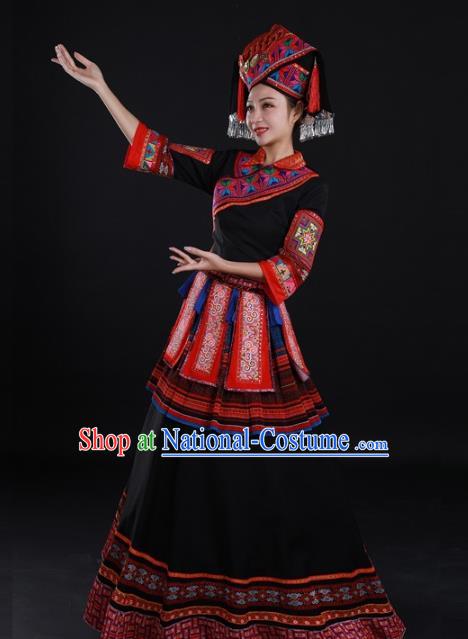 Chinese Guangxi Minority Black Dress Ethnic Performance Clothing Traditional Zhuang Nationality Dance Garments and Hat