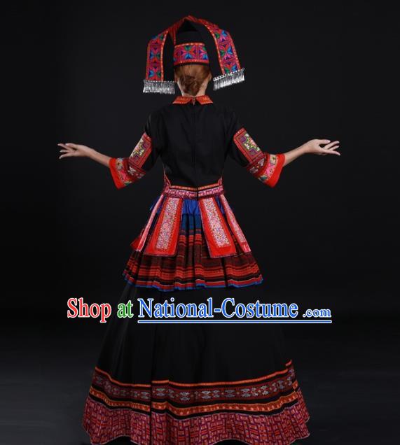 Chinese Guangxi Minority Black Dress Ethnic Performance Clothing Traditional Zhuang Nationality Dance Garments and Hat