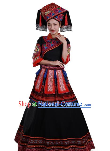 Chinese Guangxi Minority Black Dress Ethnic Performance Clothing Traditional Zhuang Nationality Dance Garments and Hat