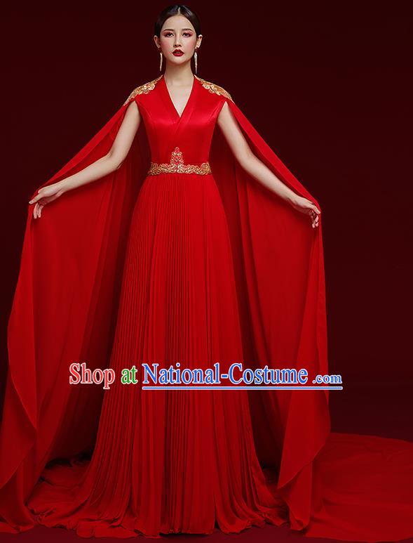 China Catwalks Embroidered Dress Garment Compere Red Trailing Cape Full Dress Stage Show Clothing