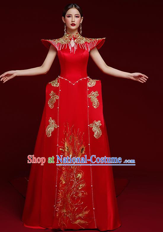 China Bride Wedding Dress Garment Compere Red Full Dress Stage Show Embroidered Cheongsam Clothing