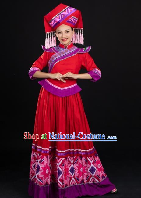 Chinese Traditional Zhuang Nationality Female Garments Guangxi Minority Red Dress Ethnic Folk Dance Clothing and Hat