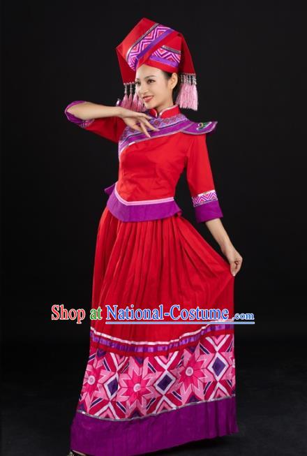 Chinese Traditional Zhuang Nationality Female Garments Guangxi Minority Red Dress Ethnic Folk Dance Clothing and Hat