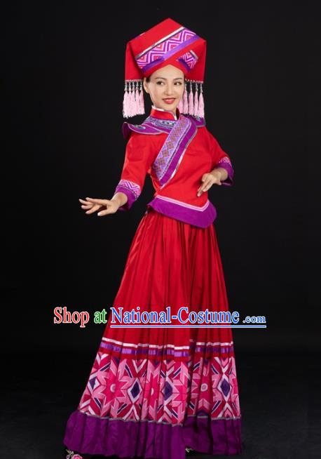 Chinese Traditional Zhuang Nationality Female Garments Guangxi Minority Red Dress Ethnic Folk Dance Clothing and Hat