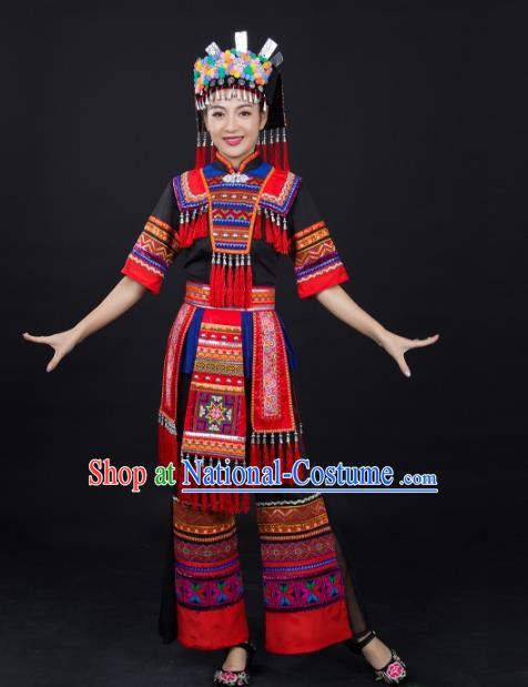 Chinese Ethnic Folk Dance Clothing Traditional Yao Nationality Female Garments Xiangxi Minority Black Suits and Headwear