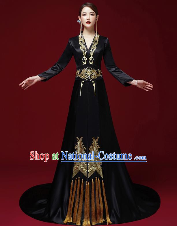 China Catwalks Trailing Dress Garment Compere Black Full Dress Stage Show Embroidered Clothing