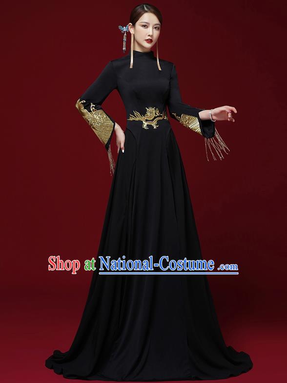 China Stage Show Embroidered Cheongsam Clothing Catwalks Dress Garment Compere Black Full Dress