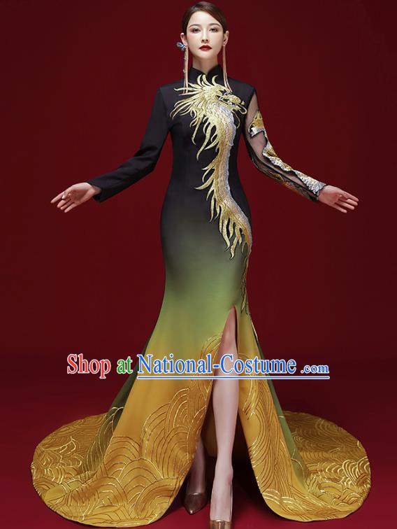 China Compere Trailing Full Dress Stage Show Cheongsam Clothing Catwalks Dress Embroidered Dragon Garment