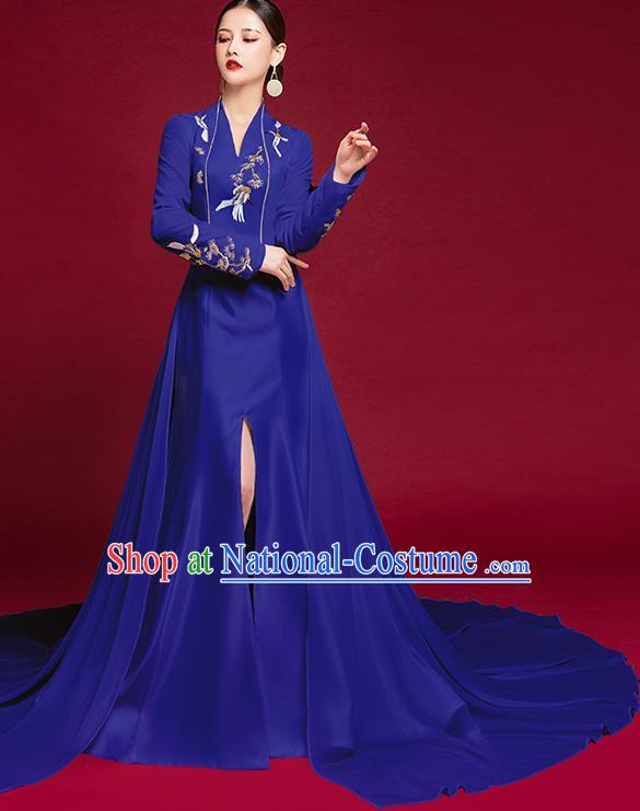 China Compere Royalblue Trailing Full Dress Stage Show Embroidered Clothing Catwalks Dress Garment