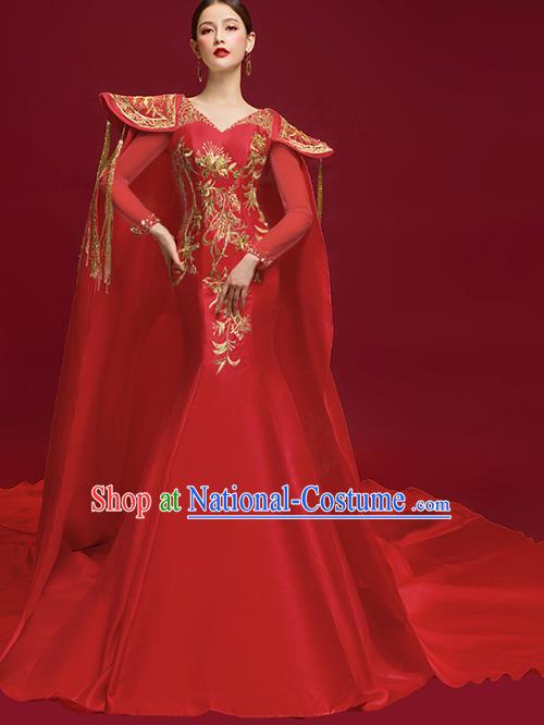 China Embroidered Garment Compere Trailing Cape Dress Stage Show Wedding Clothing Catwalks Full Dress