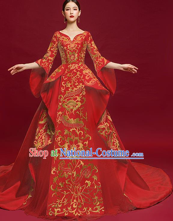 China Catwalks Full Dress Embroidered Garment Compere Trailing Dress Stage Show Wedding Clothing